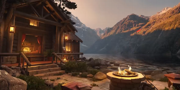 Sonidos relajantes en una acogedora cabaña junto a un lago